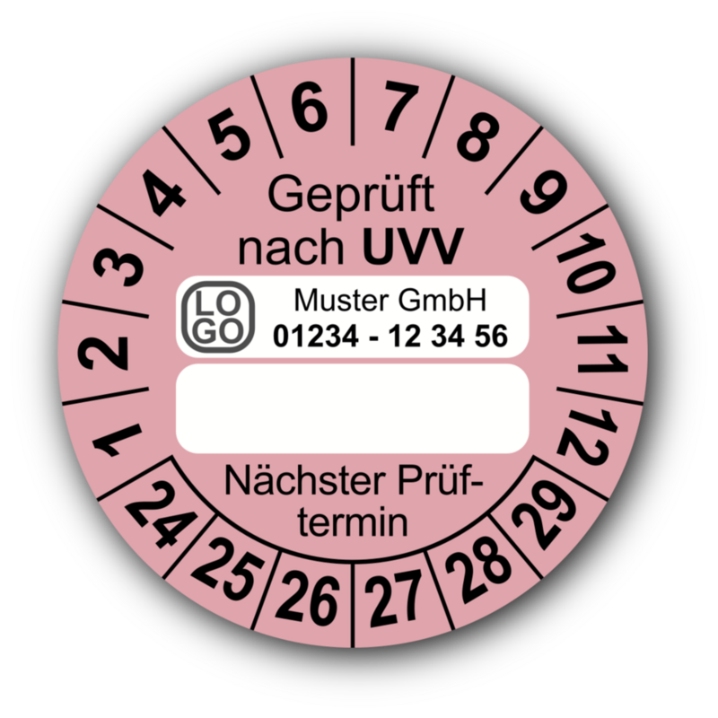 Geprüft nach UVV … Nächster Prüftermin, rosa (zum Selbstbeschriften), mit Wunschtext