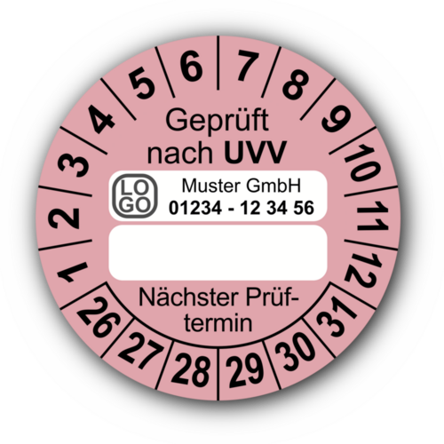 Geprüft nach UVV … Nächster Prüftermin, rosa (zum Selbstbeschriften), mit Wunschtext