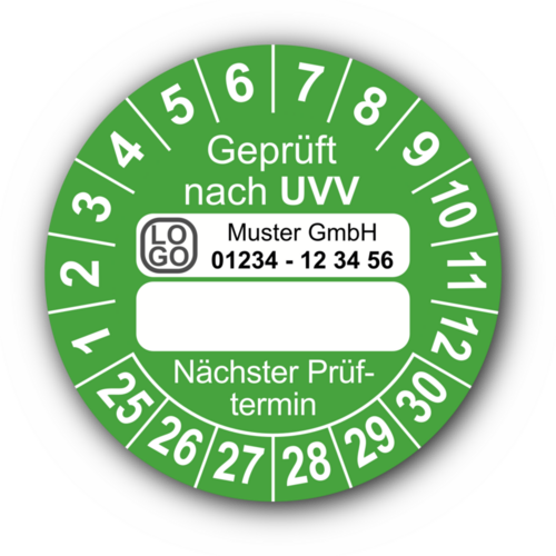 Geprüft nach UVV … Nächster Prüftermin, grün (zum Selbstbeschriften), mit Wunschtext