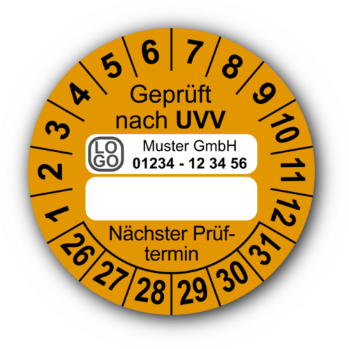 Geprüft nach UVV … Nächster Prüftermin, orange (zum Selbstbeschriften), mit Wunschtext