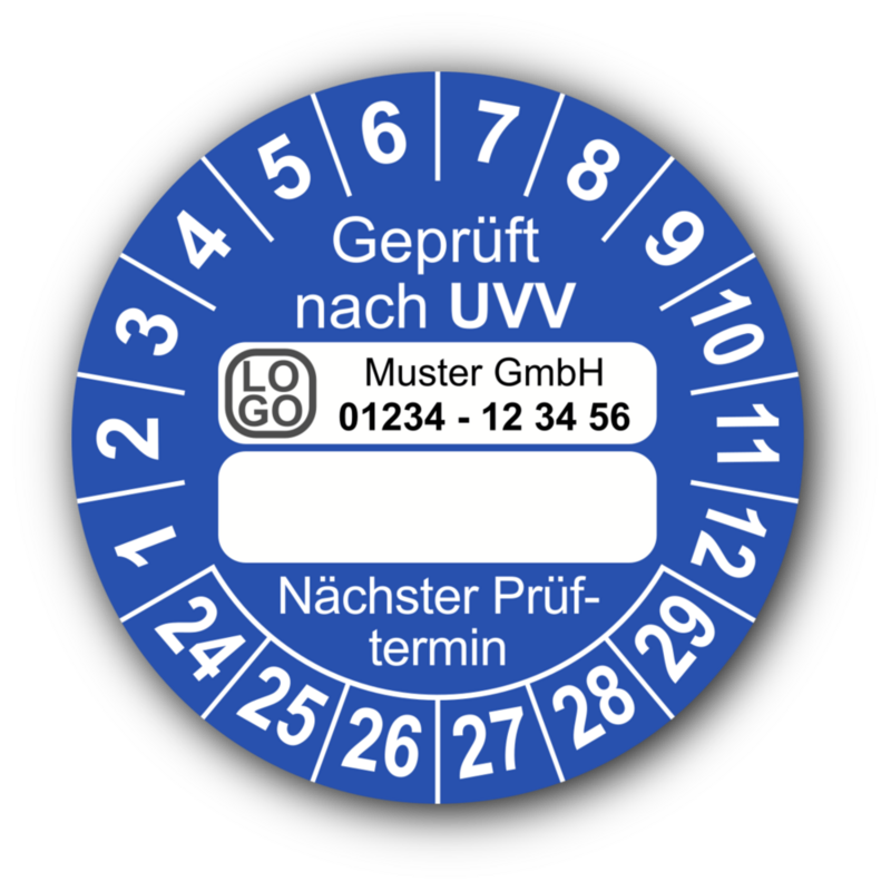 Geprüft nach UVV … Nächster Prüftermin, blau (zum Selbstbeschriften), mit Wunschtext