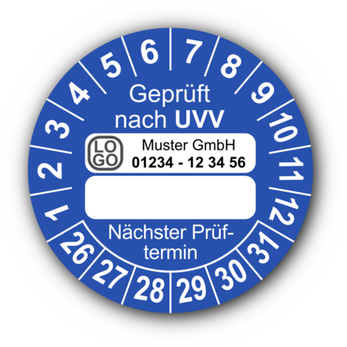 Geprüft nach UVV … Nächster Prüftermin, blau (zum Selbstbeschriften), mit Wunschtext