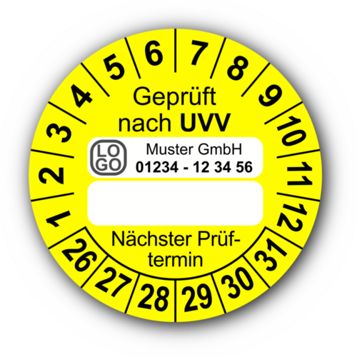 Geprüft nach UVV … Nächster Prüftermin, gelb (zum Selbstbeschriften), mit Wunschtext