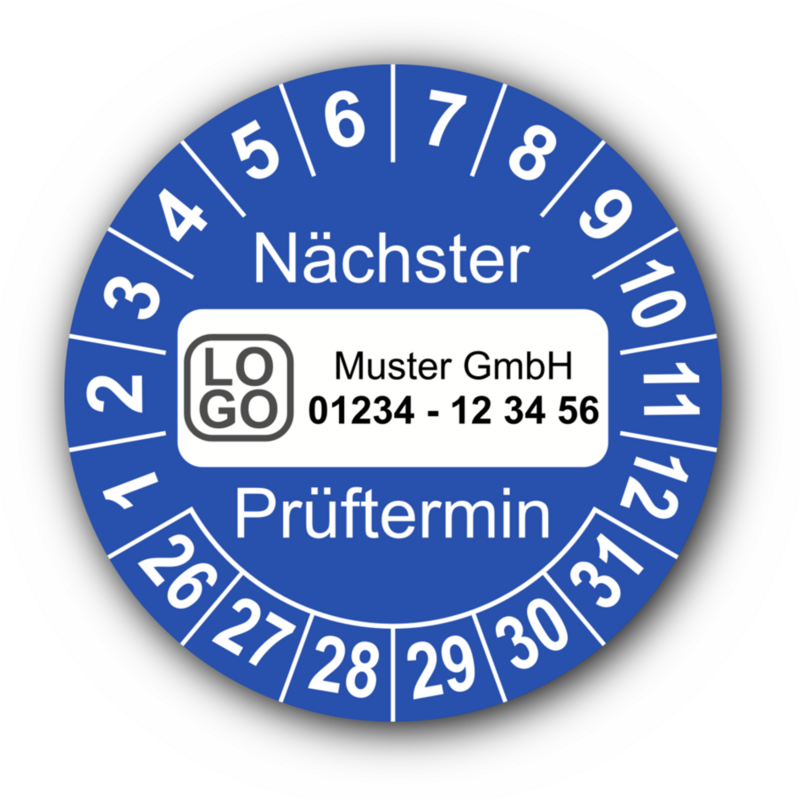 Nächster Prüftermin, blau, mit Wunschtext
