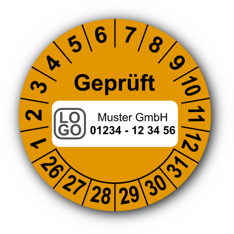 Geprüft, orange, mit Wunschtext