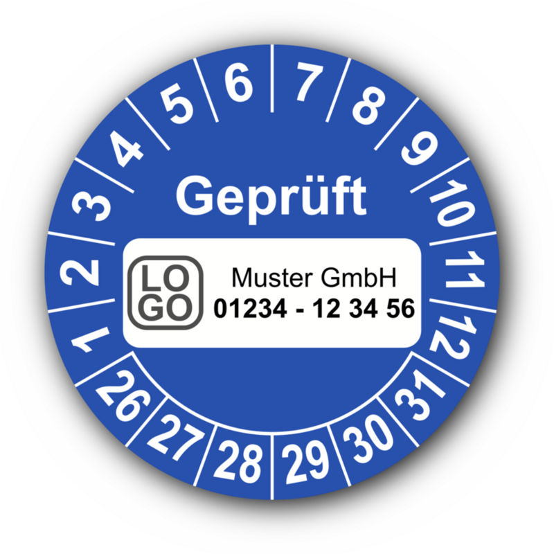 Geprüft, blau, mit Wunschtext