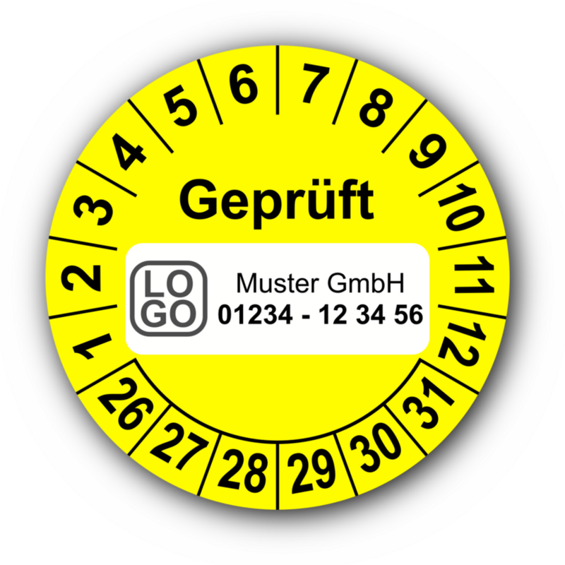 Geprüft, gelb, mit Wunschtext