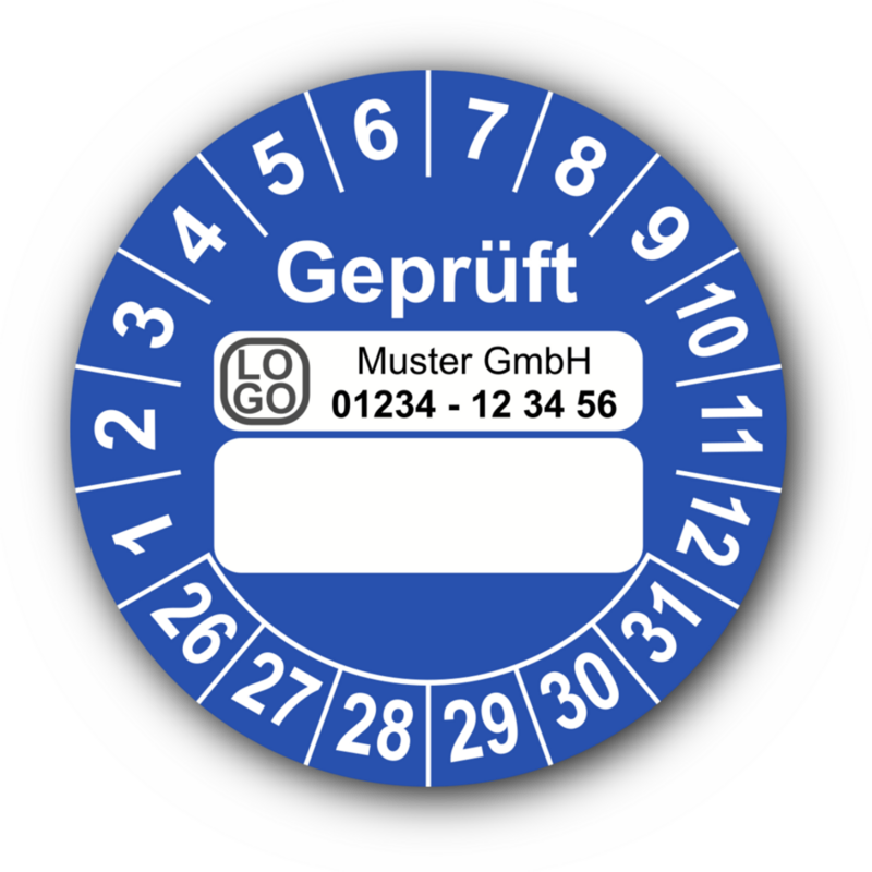 Geprüft …, blau (zum Selbstbeschriften), mit Wunschtext