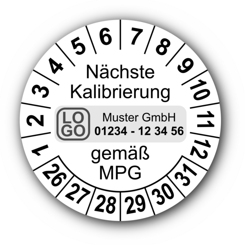 Nächste Kalibrierung gemäß MPG, weiß, mit Wunschtext