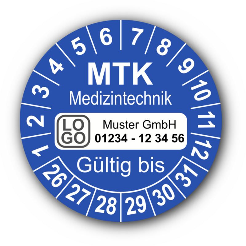 Medizintechnik MTK Gültig bis, blau, mit Wunschtext