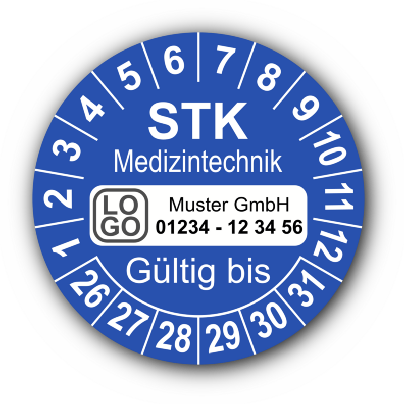 Medizintechnik STK Gültig bis, blau, mit Wunschtext