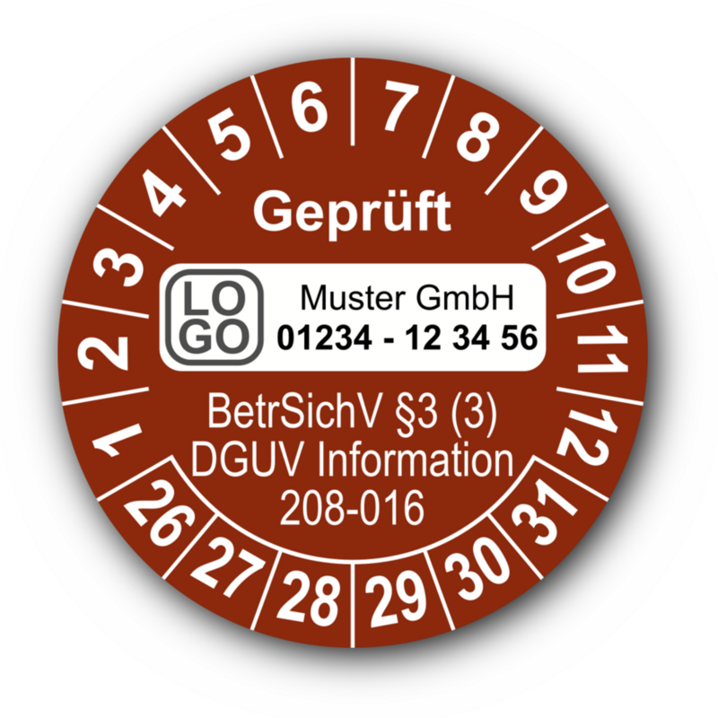 Geprüft BetrSichV §3 (3) DGUV Information 208-016, braun, mit Wunschtext