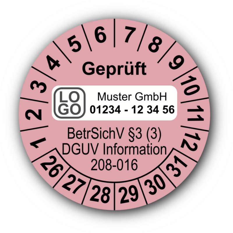 Geprüft BetrSichV §3 (3) DGUV Information 208-016, rosa, mit Wunschtext