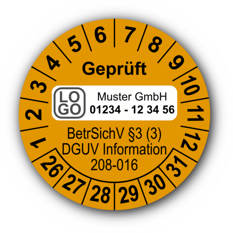 Geprüft BetrSichV §3 (3) DGUV Information 208-016, orange, mit Wunschtext