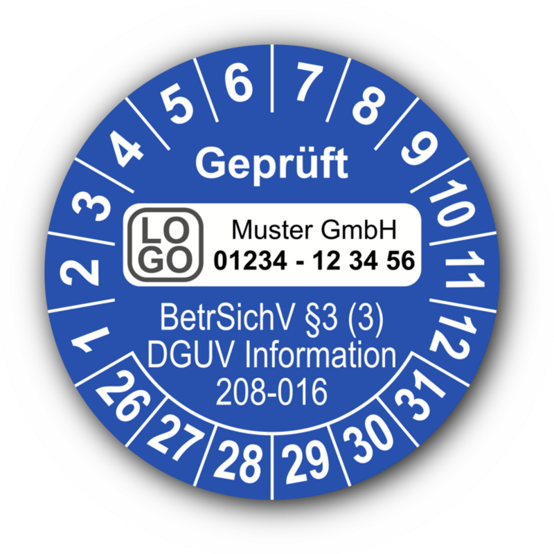 Geprüft BetrSichV §3 (3) DGUV Information 208-016, blau, mit Wunschtext