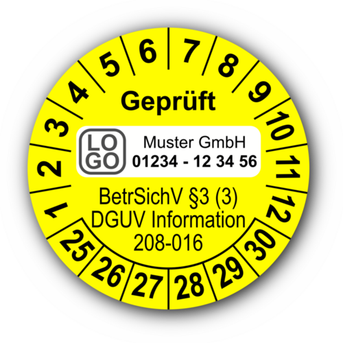Geprüft BetrSichV §3 (3) DGUV Information 208-016, gelb, mit Wunschtext