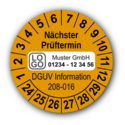 Nächster Prüftermin DGUV Information 208-016, orange, mit Wunschtext