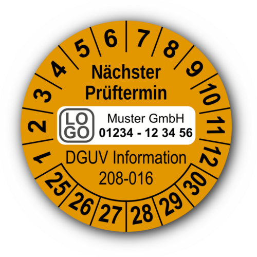 Nächster Prüftermin DGUV Information 208-016, orange, mit Wunschtext