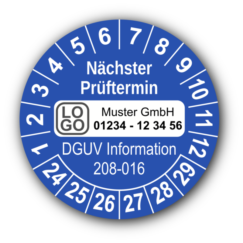 Nächster Prüftermin DGUV Information 208-016, blau, mit Wunschtext