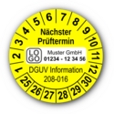 Nächster Prüftermin DGUV Information 208-016, gelb, mit Wunschtext