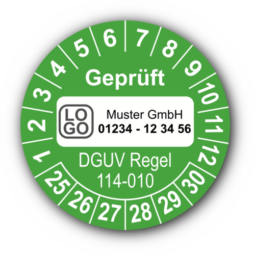 Geprüft DGUV Regel 114-010, grün, mit Wunschtext
