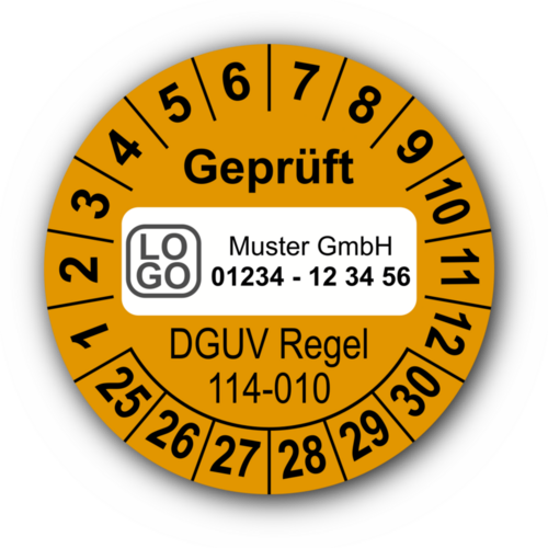 Geprüft DGUV Regel 114-010, orange, mit Wunschtext