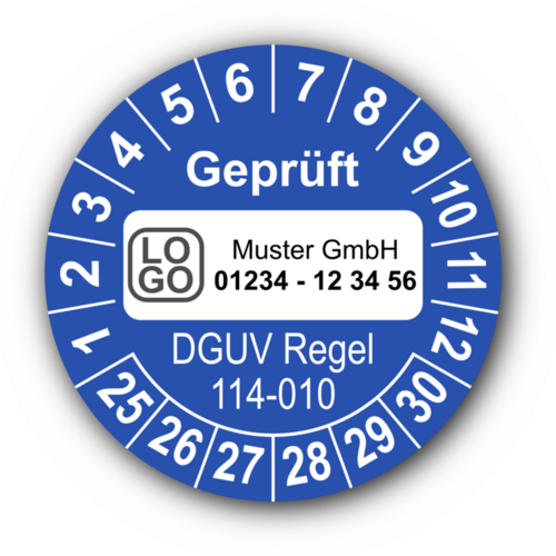 Geprüft DGUV Regel 114-010, blau, mit Wunschtext