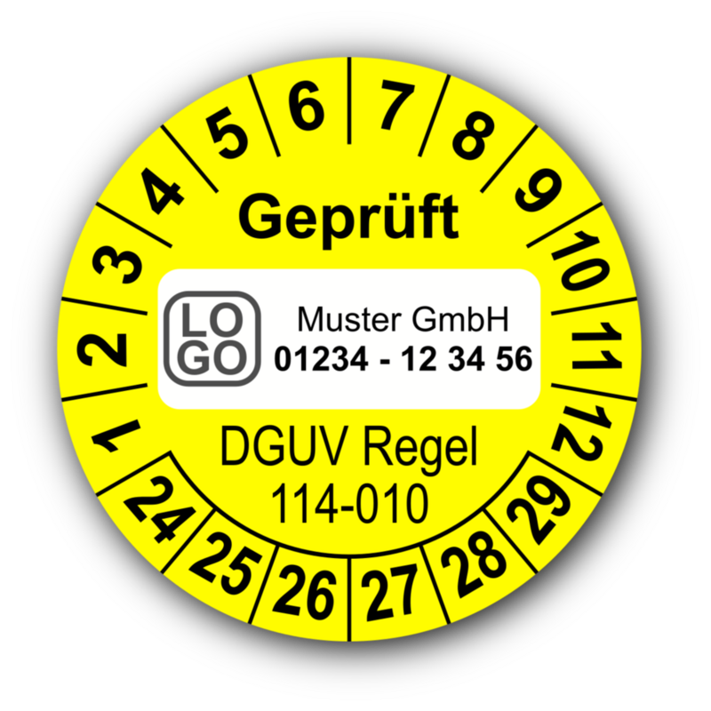 Geprüft DGUV Regel 114-010, gelb, mit Wunschtext