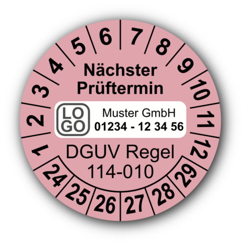 Nächster Prüftermin DGUV Regel 114-010, rosa, mit Wunschtext
