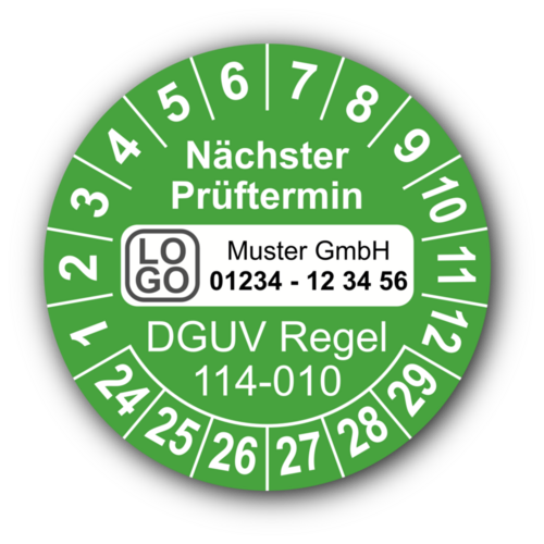Nächster Prüftermin DGUV Regel 114-010, grün, mit Wunschtext