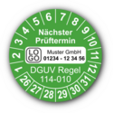 Nächster Prüftermin DGUV Regel 114-010, grün, mit Wunschtext