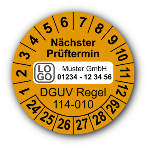 Nächster Prüftermin DGUV Regel 114-010, orange, mit Wunschtext