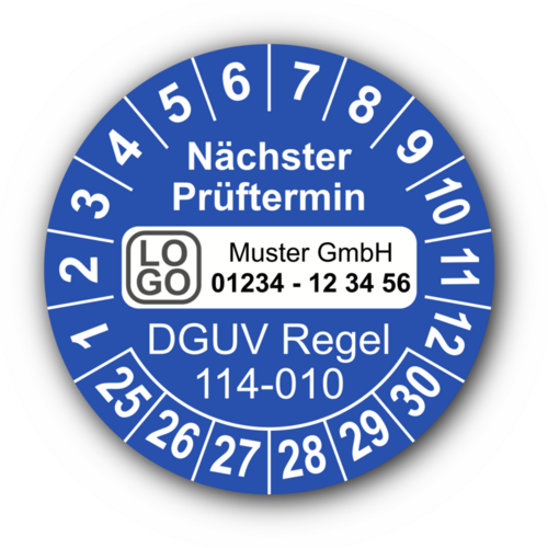 Nächster Prüftermin DGUV Regel 114-010, blau, mit Wunschtext