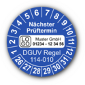 Nächster Prüftermin DGUV Regel 114-010, blau, mit Wunschtext