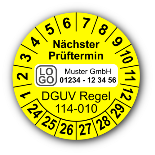 Nächster Prüftermin DGUV Regel 114-010, gelb, mit Wunschtext