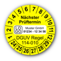 Nächster Prüftermin DGUV Regel 114-010, gelb, mit Wunschtext