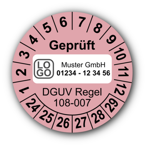 Geprüft DGUV Regel 108-007, rosa, mit Wunschtext
