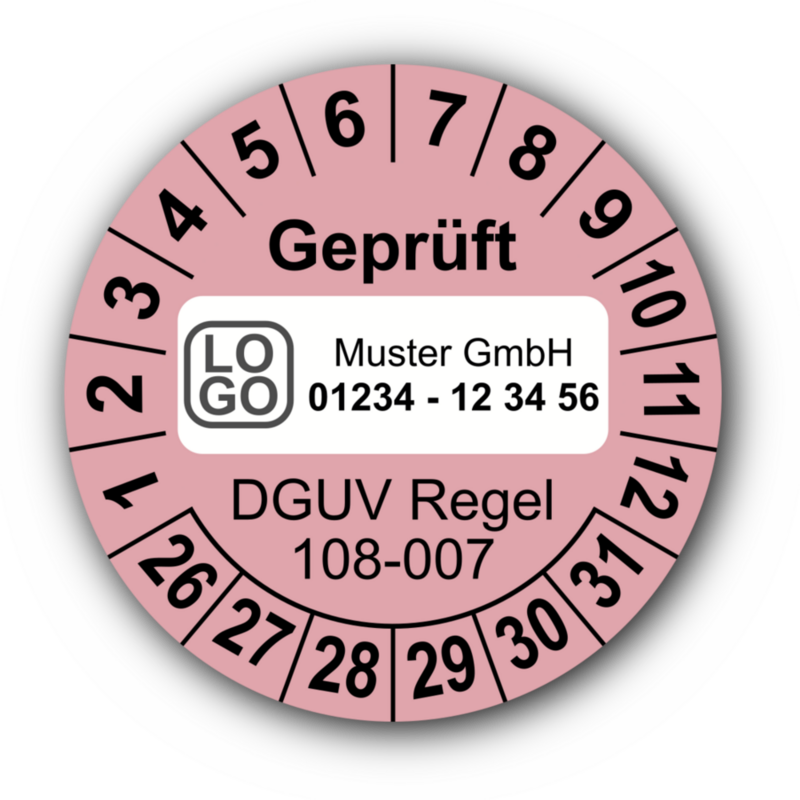 Geprüft DGUV Regel 108-007, rosa, mit Wunschtext