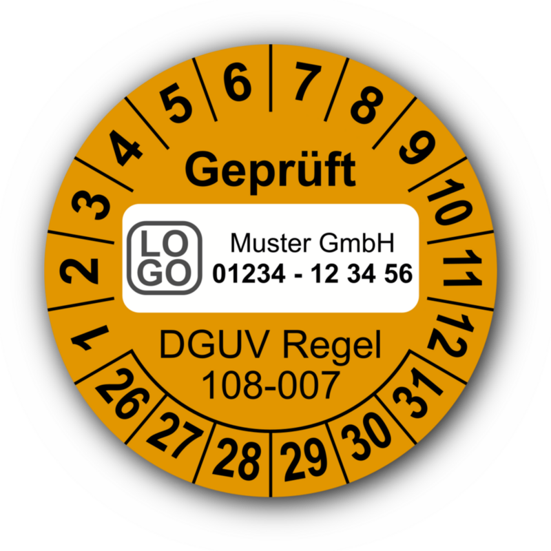 Geprüft DGUV Regel 108-007, orange, mit Wunschtext