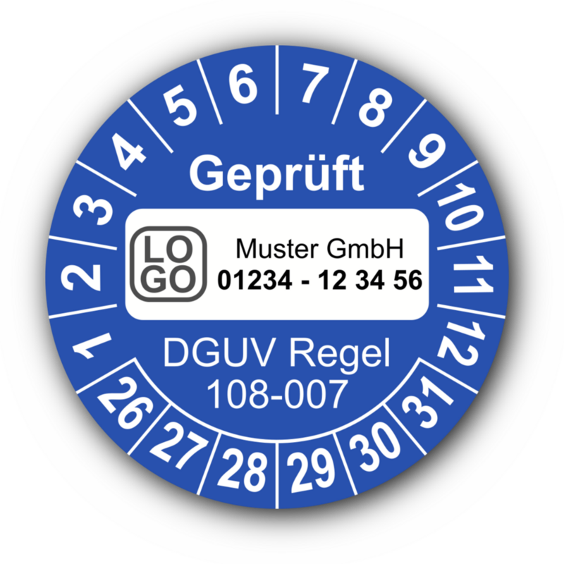 Geprüft DGUV Regel 108-007, blau, mit Wunschtext