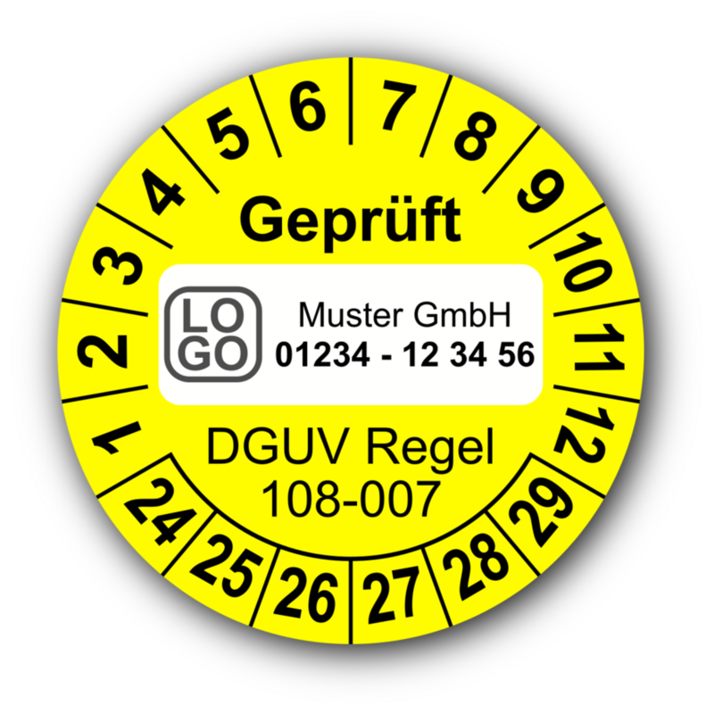 Geprüft DGUV Regel 108-007, gelb, mit Wunschtext