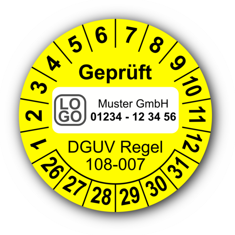 Geprüft DGUV Regel 108-007, gelb, mit Wunschtext