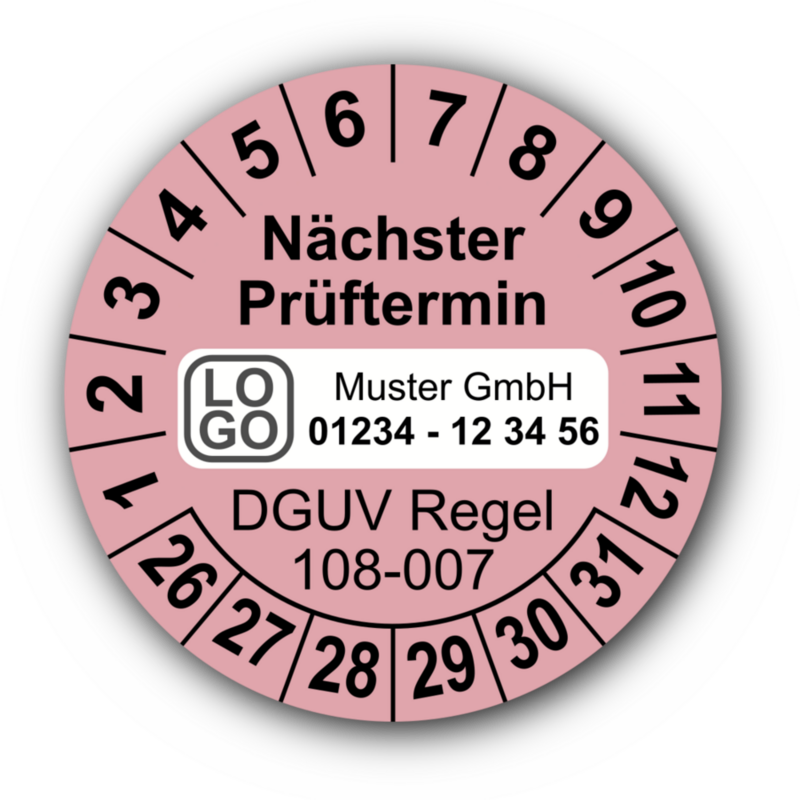 Nächster Prüftermin DGUV Regel 108-007, rosa, mit Wunschtext