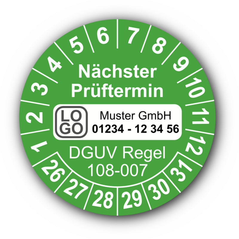 Nächster Prüftermin DGUV Regel 108-007, grün, mit Wunschtext