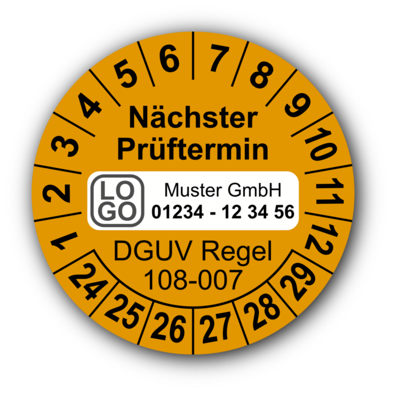 Nächster Prüftermin DGUV Regel 108-007, orange, mit Wunschtext
