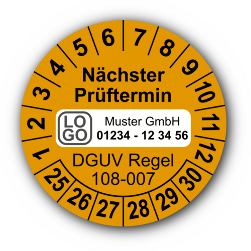 Nächster Prüftermin DGUV Regel 108-007, orange, mit Wunschtext