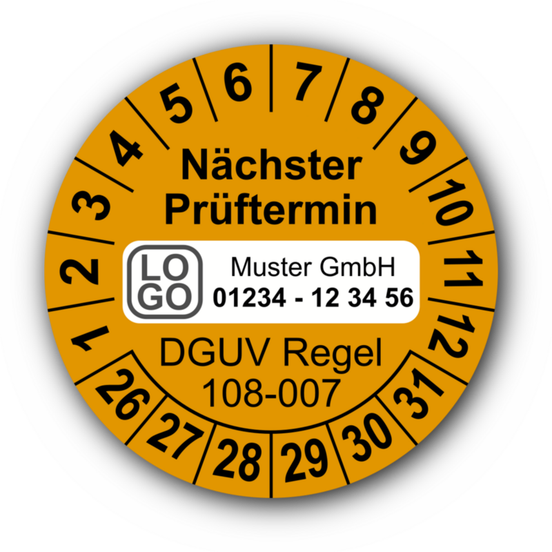 Nächster Prüftermin DGUV Regel 108-007, orange, mit Wunschtext