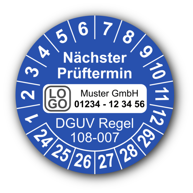 Nächster Prüftermin DGUV Regel 108-007, blau, mit Wunschtext