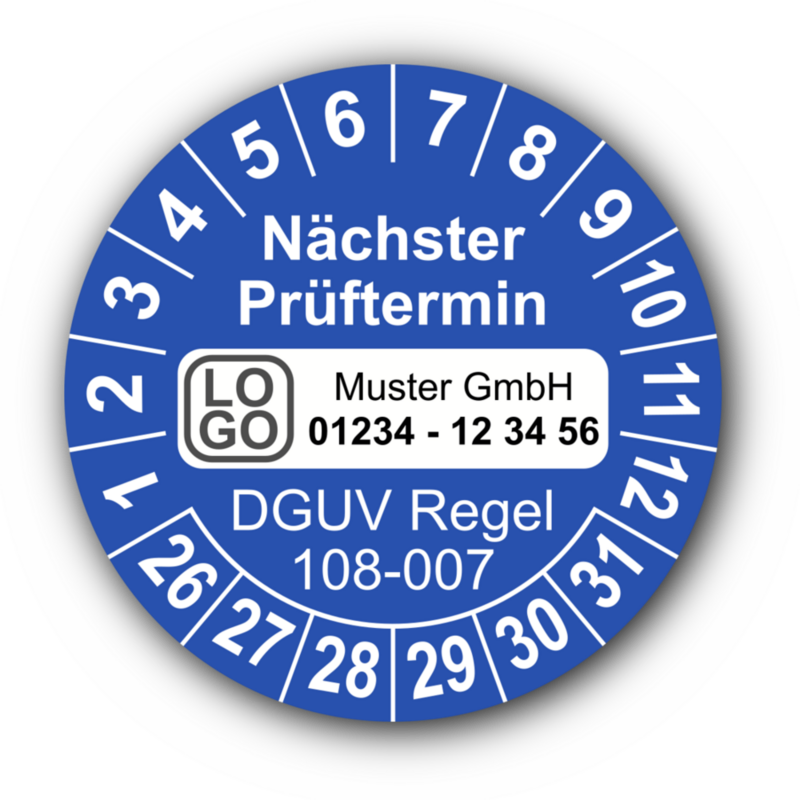 Nächster Prüftermin DGUV Regel 108-007, blau, mit Wunschtext