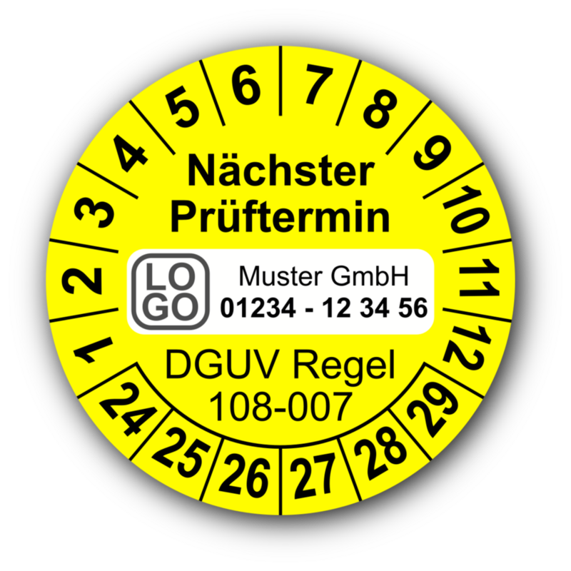 Nächster Prüftermin DGUV Regel 108-007, gelb, mit Wunschtext